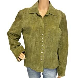 Aria 100% Leather Jacket Eyelet Moss Green Button Front Long Sleeve Size L